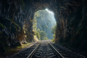 Naklejka premium A tunnel cuts through the mountains, with a new road or railway tracks illustrating the combination of natural beauty and human engineering, symbolizing exploration and communication