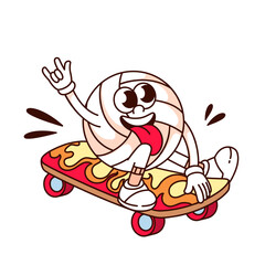Groovy beach ball cartoon character with skateboard. Funny retro skater with tongue hanging out and V finger, volleyball mascot, cartoon ball skateboarding sticker of 70s 80s style vector illustration