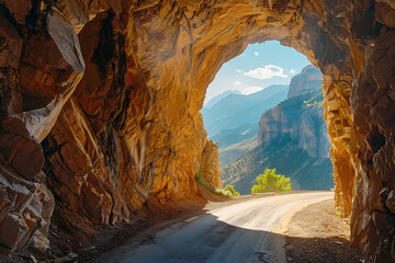 A tunnel cuts through the mountains, with a new road or railway tracks illustrating the combination of natural beauty and human engineering, symbolizing exploration and communication