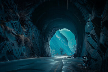 A tunnel cuts through the mountains, with a new road or railway tracks illustrating the combination of natural beauty and human engineering, symbolizing exploration and communication