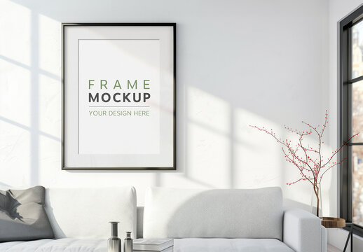 Black Frame on a Bright Modern Living Room Wall Mockup. Generative Ai