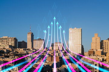 San Francisco cityscape with glowing blue and pink hologram arrows pointing upwards. Double exposure