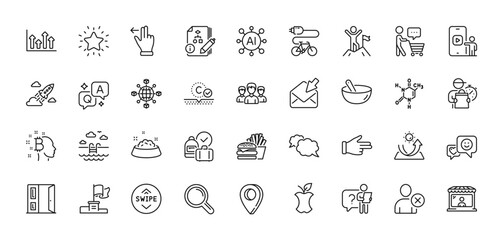 Chemical formula, Open door and Swimming pool line icons pack. AI, Question and Answer, Map pin icons. Open mail, Search employee, Sun protection web icon. Vector