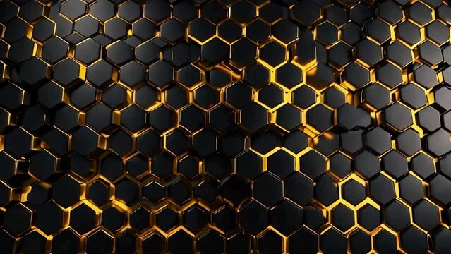 Luxury hexagonal abstract black metal background with golden light lines. Dark 3d geometric texture illustration. Bright grid pattern. Pure black horizontal banner wallpaper.