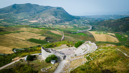 Aerial view of Archaeological Park of Segesta ruins in Sicily , temple and theatre Italy 