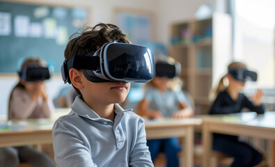 Child explores the world using VR headset in classroom at school, schoolchildren in virtual reality