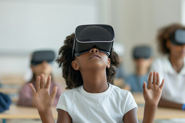 Child explores the world using VR headset in classroom at school, schoolchildren in virtual reality