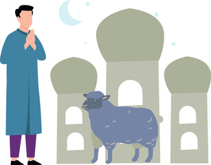 The man stands by the sheep.