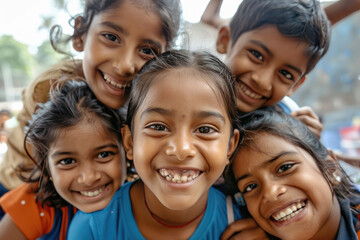 Obraz premium cheerful Indian schoolchildren taking selfie together