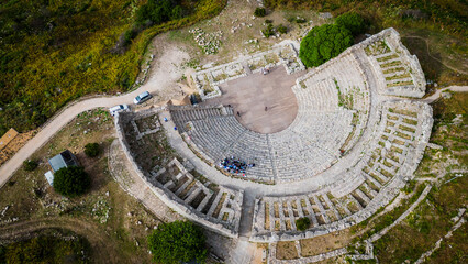 Aerial view of Archaeological Park of Segesta ruins in Sicily , temple and theatre