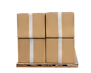 isolated stack of packed cardboard boxes on wooden pallet.