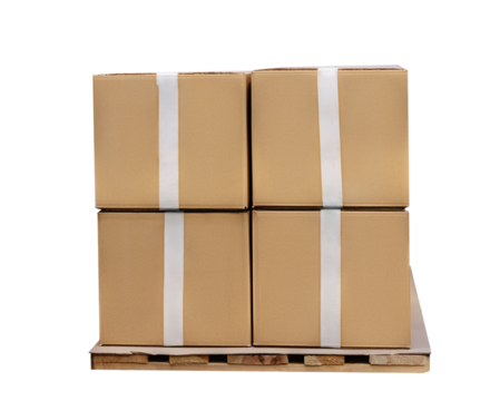 isolated stack of packed cardboard boxes on wooden pallet.