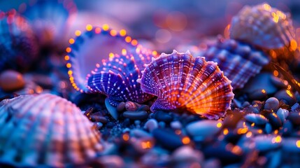 Naklejka premium Illuminated Seashells, Vibrant Neon Marine Life Close-Up on Coastal Beach