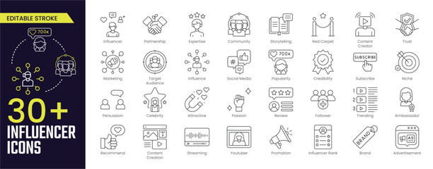 Influencer Stroke icon collections. Containing follower, social media, promotion, passion, celebrity, influence, content, community and marketing icons. Stroke icon collection Outline icon