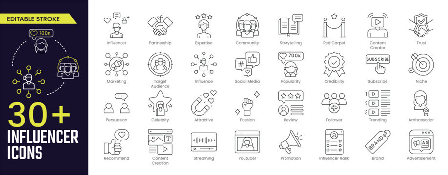 Influencer Stroke icon collections. Containing follower, social media, promotion, passion, celebrity, influence, content, community and marketing icons. Stroke icon collection Outline icon