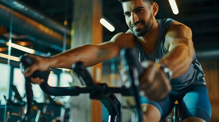Handsome fit man in sportswear riding indoor bicycles on cycling class in the gym.