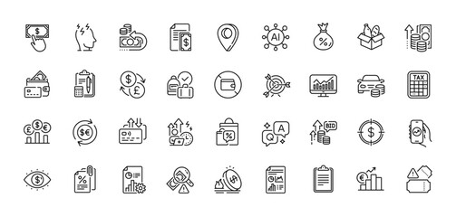 Sale bags, Clipboard and Card line icons pack. AI, Question and Answer, Map pin icons. Inflation, Fraud, Report web icon. Statistics, Business vision, Buy car pictogram. Vector