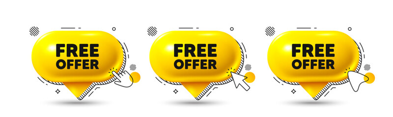 Chat speech bubble 3d icons. Free offer tag. Special offer sign. Sale promotion symbol. Free offer chat offer. Speech bubble banners. Text box balloon. Vector