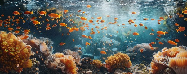 Tranquil coral spawning event filling the water with life, 4K hyperrealistic photo