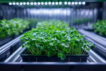  Rows of fresh green microgreens growing under LED lights in an indoor hydroponic farm, showcasing modern agricultural practices. Sustainable agriculture and organic food concept