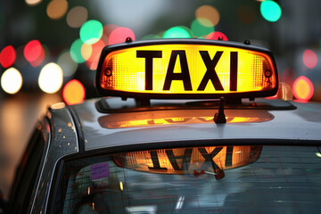 Close up view of a taxi sign on the car