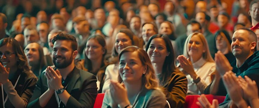 The conference audience applauds the speaker with a smile.