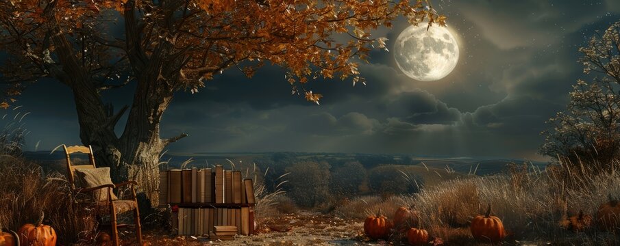 Harvest moonlit poetry reading, poets and autumn musings, 4K hyperrealistic photo.