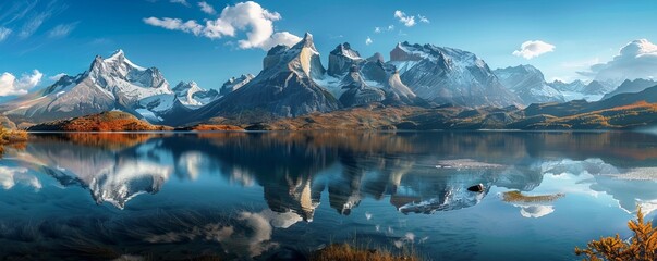 Obraz premium Crystal-clear mountain lake reflecting the surrounding peaks, 4K hyperrealistic photo