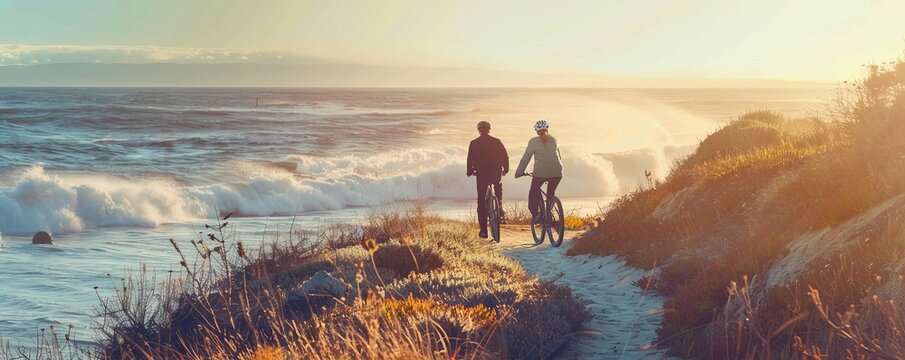 Couple riding bikes along a coastal path, ocean waves crashing, 4K hyperrealistic photo.