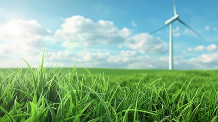 Clean energy and net zero carbon emissions depicted with green grass and a wind turbine in the background