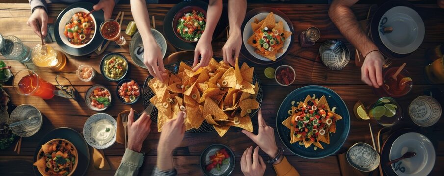 Friends hosting a taco night for National Nachos Day, November 6th, making and sharing delicious nachos, 4K hyperrealistic photo.