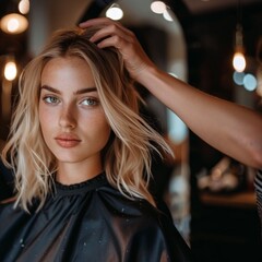 Beautiful blonde woman getting a haircut in a stylish salon