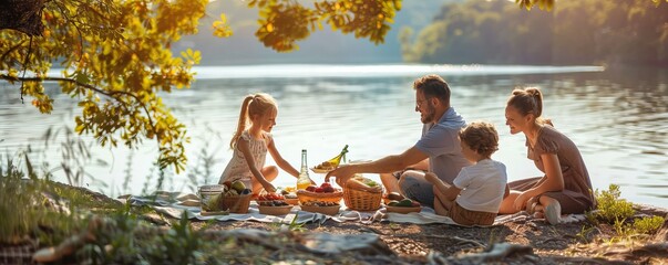 Family enjoying a picnic by the lake for National Picnic Month, delicious food and scenic views, 4K hyperrealistic photo.