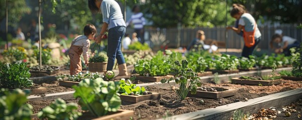 Community garden event for National Gardening Week, families planting and harvesting vegetables, 4K hyperrealistic photo.