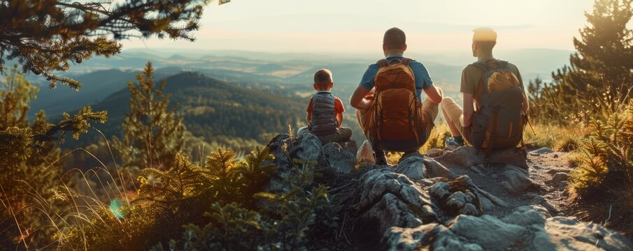 Family hiking a scenic trail for National Pancake Day, September 26th, enjoying pancakes at a lookout point, 4K hyperrealistic photo. - Powered by Adobe