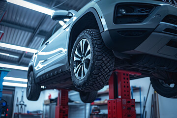 A silver SUV is raised on a hydraulic lift in a repair shop, revealing its undercarriage
