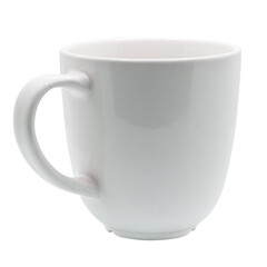 White ceramic mug. Clean cup isolated on transparent background. Side view. Empty vessel