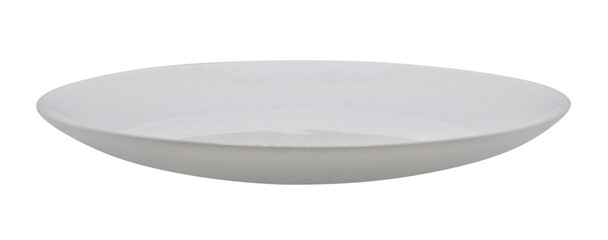 Clean plate isolated on transparent background. Side view. White ceramic dishes. Empty vessel