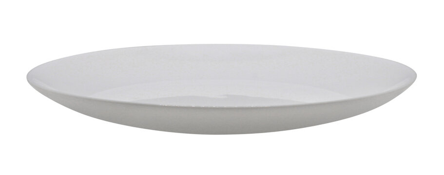 Clean plate isolated on transparent background. Side view. White ceramic dishes. Empty vessel