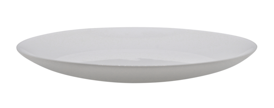 Clean plate isolated on transparent background. Side view. White ceramic dishes. Empty vessel
