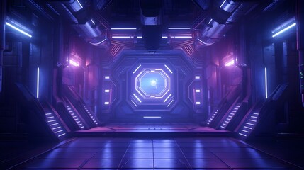 Symmetrical Sci-Fi Corridor with Vibrant Neon Lighting and Mysterious Mist