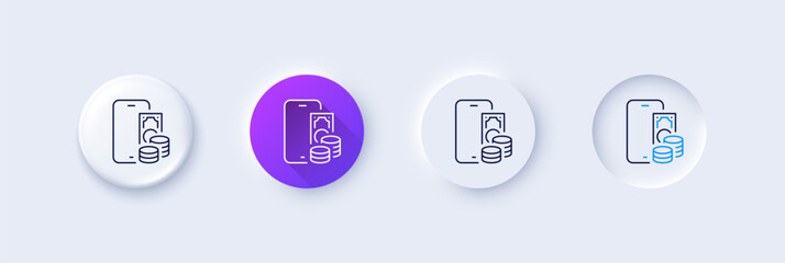 Phone pay line icon. Neumorphic, Purple gradient, 3d pin buttons. Smartphone app sign. Cellphone mobile device symbol. Line icons. Neumorphic buttons with outline signs. Vector