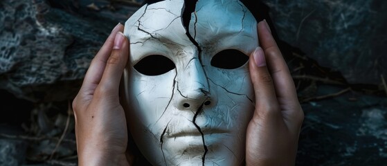 Hands gripping a cracked, white mask against a dark background, symbolizing broken identity and hidden emotions