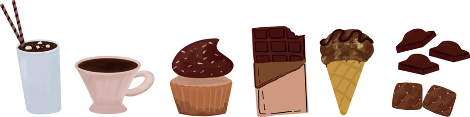 set of cute dessert cookies chocolate drinks clipart vector handrawn illustration