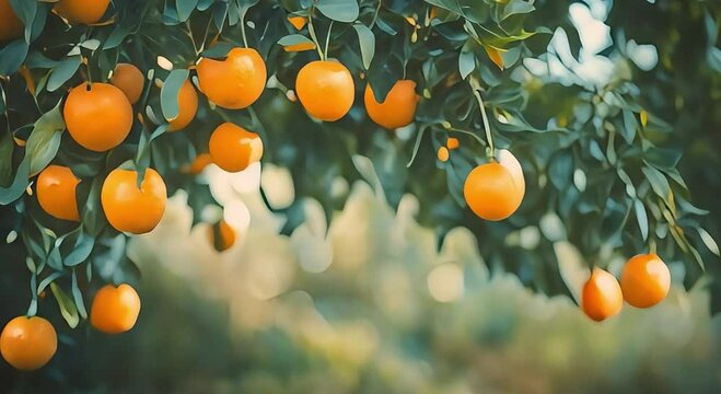 fresh and ripe oranges hanging in the garden