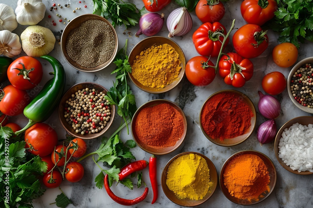 Poster A close-up shot of a kitchen table with various spices and fresh vegetables arranged in an appealing and colorful display. Generative AI