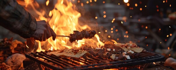 Friends hosting a bonfire for National Taco Day, October 4th, grilling tacos and enjoying the warmth, 4K hyperrealistic photo.