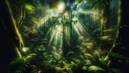 a painting of a jungle scene with sunlight streaming through the trees