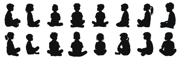 Kids sitting silhouettes vector black and white illustration. Children seated in various poses from side view.