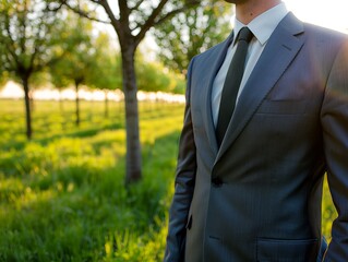 Professional in a modern suit, standing in a green field with trees, early morning light, high-resolution digital art